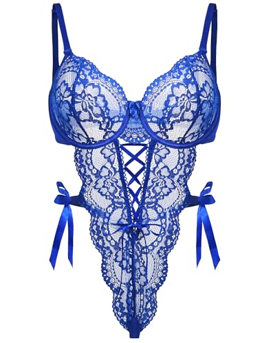 EVELIFE Lencería sexy para mujer Body de una pieza Body de encaje con tirantes Babydoll Cuello en V Lencería con lazo de satén lateral a presión Ropa interior de peluche S-XXL (negro, L)