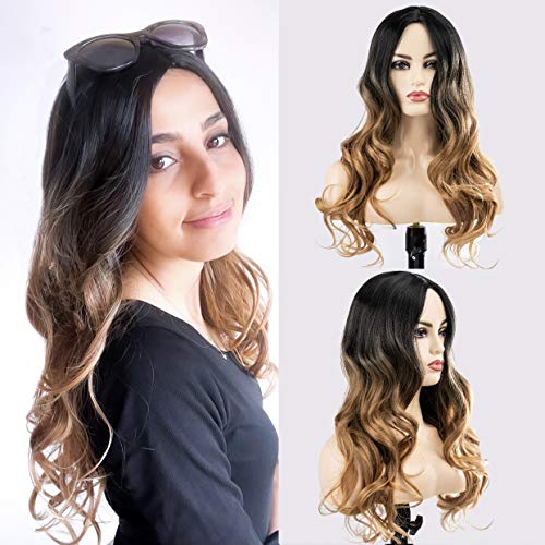 Long Wavy Synthetic Wigs with Bangs for Women, Curly Natural Looking Heat Resistant Fiber Hair for Girl, Colorful Costume Wigs for Daily Cosplay Wear… (24-Black Brown)