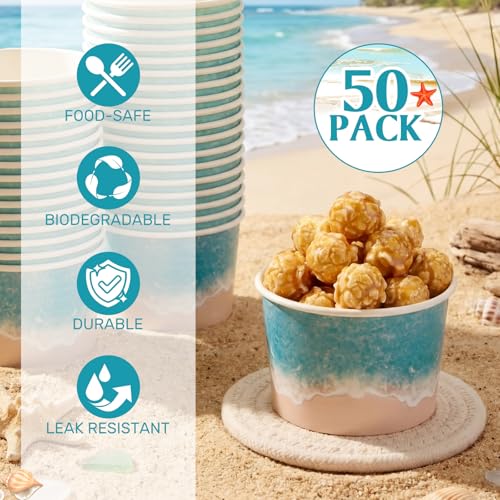 Image of Funnymoom 50 Pack Beach Ice Cream Cups 9 oz Ocean Waves Disposable Dessert Bowls Paper Soup Bowls Summer Pool Snack Cups for Hot or Cold Food for Hawaiian Beach Birthday Party Supplies