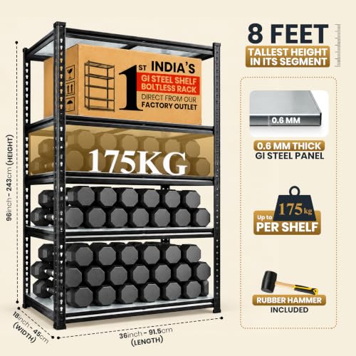 Image of JD Fresh 5 Tier Multipurpose Metal Storage Rack /96 inch Height GI Steel Shelf Boltless Rack with Stiffener /Adjustable Standing Shelves Unit /175kg Load Per Shelf /Storage Rack for Kitchen /Garage (Black)
