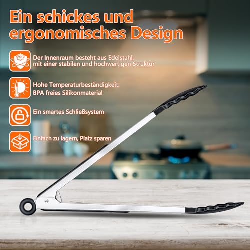 35cm Silikon Küchenzange, Grillzange, Hitzebeständigem Silikongriff, Verriegelbare Metallzange, ideal zum Kochen, Grillen 2