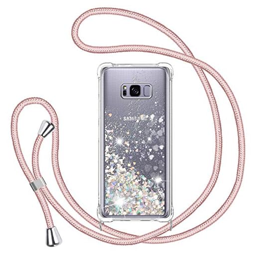 Funda con Cuerda para Samsung Galaxy S8, Carcasa Brillante Glitter Transparente TPU Silicona Protección Case con Ajustable Colgante Correa de Cuello Cadena Cordón, Caso de Arena movediza in Oro Rosa