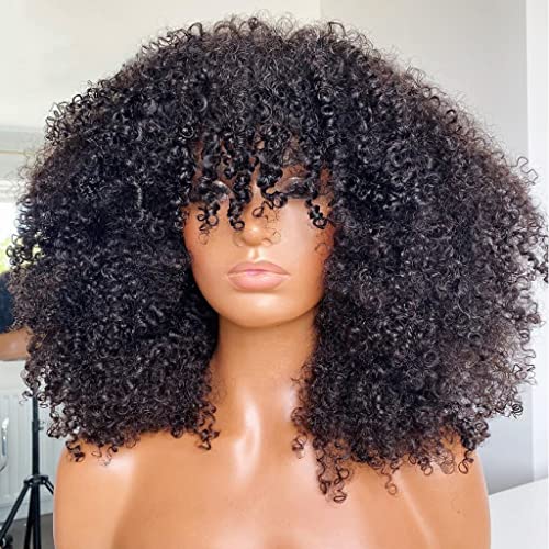 Limited Beauty Afro Kinky Curly Wig With Bangs 200 Density Full Machine Made Human Hair Wig Scalp Top Wig Brazilian Short Curly Wigs For Black Women Natural Color 14 Inch