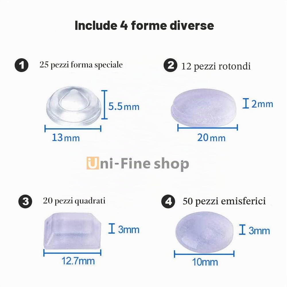 Uni-Fine Ammortizzatore di Colpi, Paraurti per Porta Cuscinetto Elastico Autoadesivo, Emisfero/Trapezio/Cilindro/Conico per Cassetti Vetro Antiscivolo (4 Dimensioni)