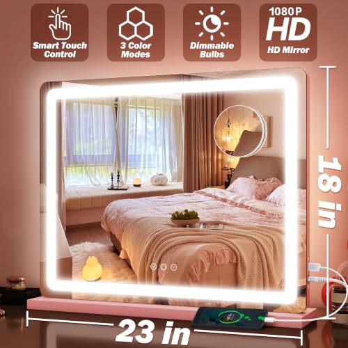 Image of FENNIO 23 inch x 18 inch Vanity Mirror with Lights,LED Makeup Mirror,Hollywood Mirror with 3 Color Modes & Adjustable Brightness,Vanity Mirror Pink