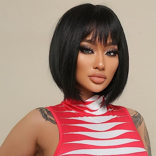 Perruque de cheveux naturels Bob noir avec frange thermorésistante - 6