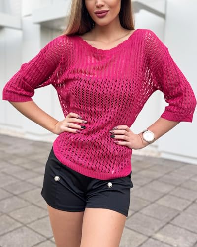 Image of Zeagoo Womens Summer Tops Crochet Sweaters Resort Wear 3 /4 Sleeve Hollow Out Knit Tops 2025 Beach Coverup Rose Red