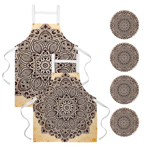 Lot de 2 tabliers de cuisine multicolores motif mandala avec 4 broches