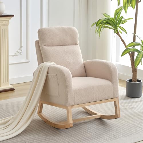 Image of GarveeHome Rocking Chair Nursery,Glider Chair Nursery Chair with High Back and Side Pocket, Rocking Accent Armchair with Rubber Wood Legs for Living Room /Bedroom /Nursery