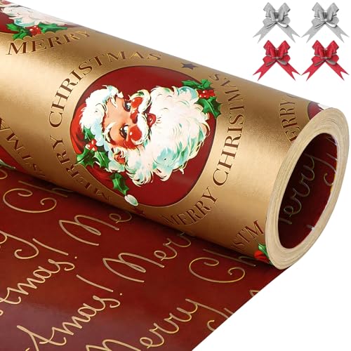 EWES Vintage Santa Christmas Wrapping Paper Rolls Set Gold Matte Funny Kids Heavy Duty Premium Traditional Gift Wrap Retro Cute Metallic Cartoon from North Pole Burgundy Red Reversible Total 28.5sq.ft