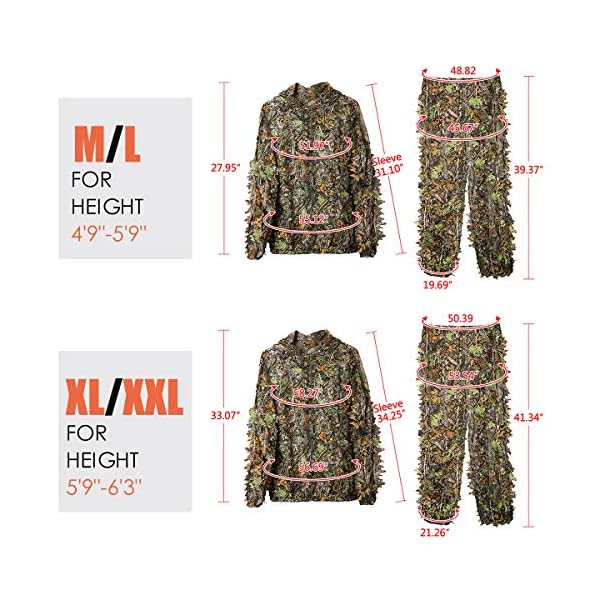 MOPHOTO Ghillie Anzug 3D Blatt-Tarnanzug Jagdanzüge Woodland Gilly Suits Hooded Gillies Anzüge für Männer Jugend Blatt-Tarnung Jagdanzüge für Dschungeljagd, Schießen, Airsoft, Halloween-Kostüm – Bild 4