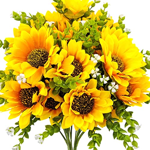 Guagb Sunflowers Artificial Flowers Bouquet with Stem, 3 Pack Silk Faux Fake Sunflowers Arrangement for Home Outdoor Indoo Wedding Kitchen Centerpieces Table Decoration