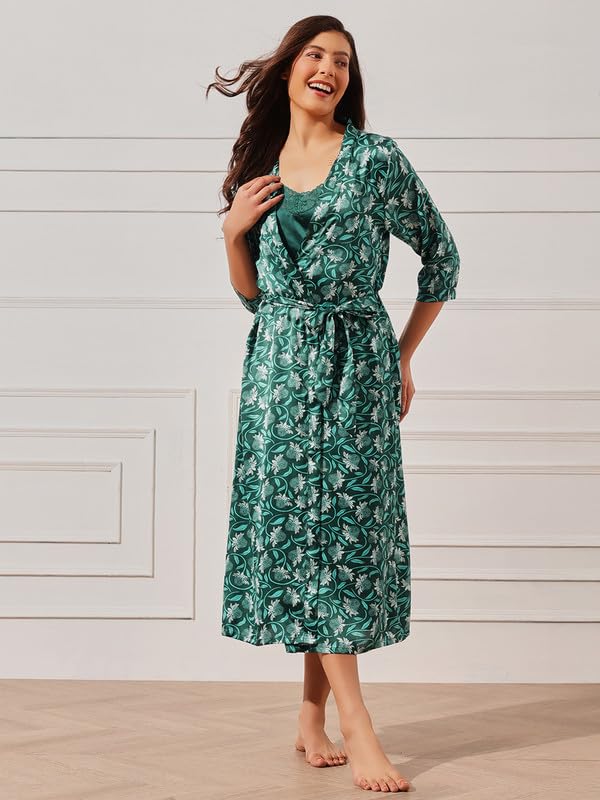 Image of Clovia Women's Satin Solid Long Nighty & Printed Robe Set