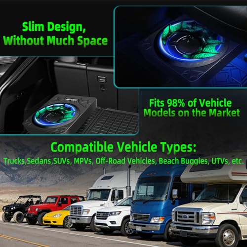 Image of 1600W Car Subwoofer, 10 inch Ultra-Thin Powered Under-Seat Subs with Built-in Amplifier, (LPF /Gain /Bass Boost) LED Ambient Lights, Independent Bass Knob, Distortion-Free Deep Bass for Most Vehicles