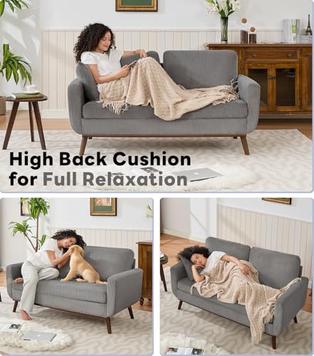 Kingfun 65" Corduroy Love Seat with Spring Cusions, Mid Century Modern Loveseat Sofa for Livingroom & Bedroom, Comfy Upholstered Small Couch, Gray — view 5