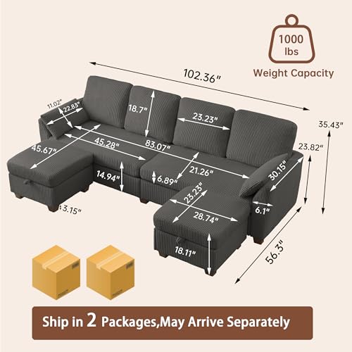Image of Sectional Sofa with Dual Storage Ottomans, 4 Seat U Shaped Couches for Living Room: Soft Corduroy | Double Movable Chaise Ottoman | Modern Reversible Convertible Couch Set, Dark Grey