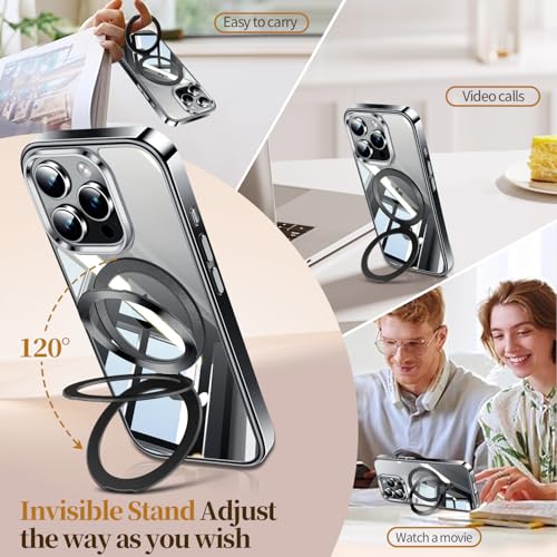 Image of ESTPEAK Titanium Black CD Mag-Stand Case for iPhone 16 Pro Case with Invisible Magnetic Ring, [Fit for MagSafe] [Never Yellowing] Top Clear Phone Case Cover for iPhone 16 Pro 6.3 inch Men Women