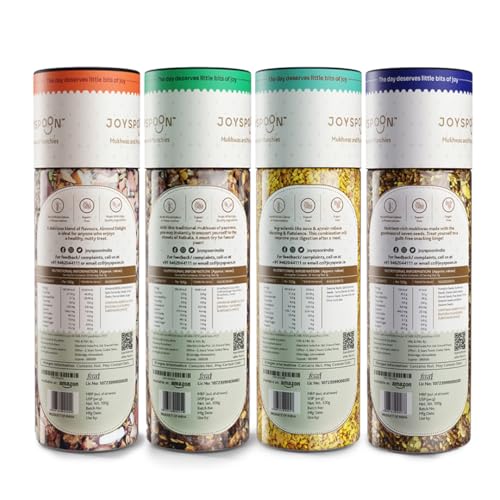 Image of JoySpoon Mukhwas Combo| Almond Delight, Calcutta Paan, Digestive Fiesta & Seven Seeds| Supari Free Mouth Freshener| After-Meal Digestive Snack| No Artificial Colors or Preservatives| Pack of 4x100g