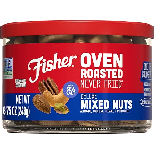 Image of Fisher Snack Oven Roasted Never Fried, Almonds, Cashews, Pecans, Pistachios, Made with Sea Salt, Deluxe Mixed Nuts, 8.75 Oz
