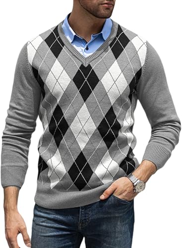 JMIERR Mens Sweaters Casual V Neck Ribbed Knit Slim Fit Long Sleeve Argyle Pullover