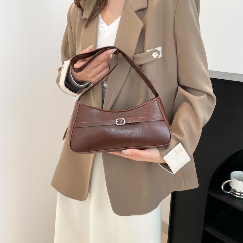Women Vintage Shoulder Bag PU Leather Solid Color Female Commute Bag (Brown)4