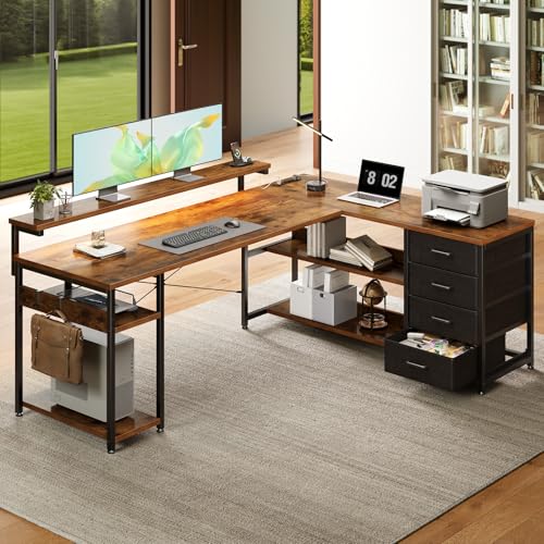 Image of AODK 61 Inch L Shaped Computer Desk with 4 Drawers, LED Lights, Vintage