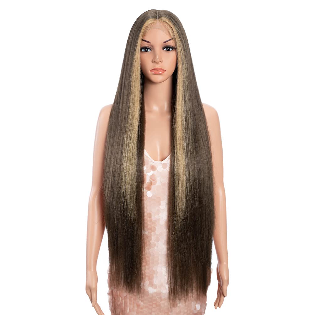 Style Icon36" Lace Front Wigs Super Long Yaki Straight Wig With Baby Hair 130% Density Synthetic Wig (36 Inches, HL10A/26F)