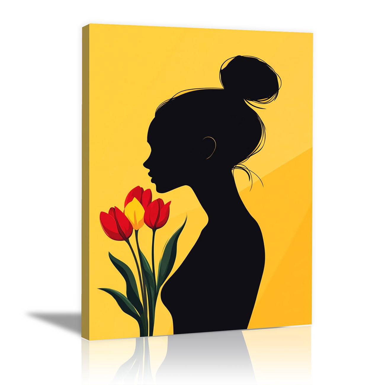 QUSAAOU Fashion Canvas Wall Woman Silhouette with Tulips on Yellow Background Living Room Bedroom African American Woman Wall Decor Art Wall For Home Afro Woman Poster And Prints -70x100cm Framed