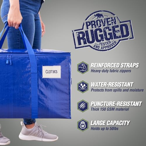 RUGGED RHINO Heavy Duty Extra Large Moving Bags, 50lb Capacity Tote, Durable Water and Puncture Resistant Winter Clothes Storage Totes for Moves, Strong Carry Handles, Zippers, 4 Pack Blue image 3
