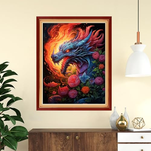 Image of Funchey Stamped Cross Stitch Kits, DIY Cross Stitch Pattern for Adults Beginners Needlepoint Kits Embroidery Kit Arts and Crafts 11CT-Magic Dragon Flower 16x20 inch