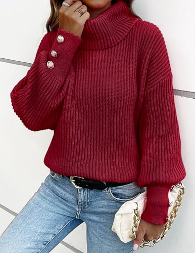 Image of Libsorge Women's Dressy Oversized Turtleneck Sweaters Fall 2024 Casual Winter Ribbed Knit Button Long Sleeve Pullover Sweater Red L