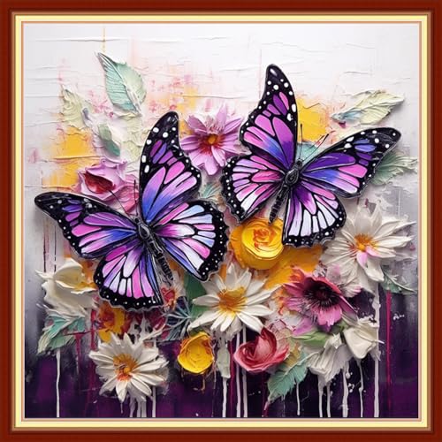 Image of Disxvivy Cross Stitch Stamped Full Embroidery Kits DIY 11CT Cotton Thread Printed DIY Needlepoint Kits Craft Needlework Set Cross-Stitch Stamped Sets-Butterflies Gather Honey 18x18 inch