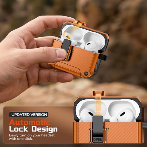 Image of Inesore for AirPods AirPods Pro 1st /2nd Case with Secure Lock (Orange) | Phone Stand Design,Compatible with MagSafe,Automatic Snap Switch Secure Cover Carbon Fiber Texture with Cleaner Kit