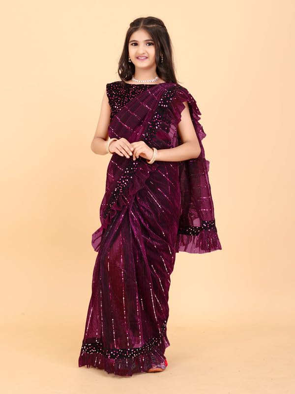 Image of Kids Supernet Tikli Work Ready to Wear Saree with Unstitched Blouse Piece | Traditional Ethnic Saree for Girls | Pre Stitched Festive Dress for School Function, Cultural Events & Wedding