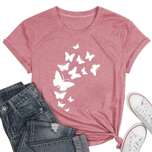Butterfly T-Shirts for Women - Butterfly and Flowers Print Casual Short Sleeve Top for Insect Lovers