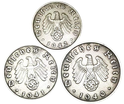 Rare Nazi Swastika German Zinc Coin Set - 1, 5 & 10 Reichspfennig - Circulated Coins 1940-1945 - Random Year & Mint - For Historical Collection, Educational Display
