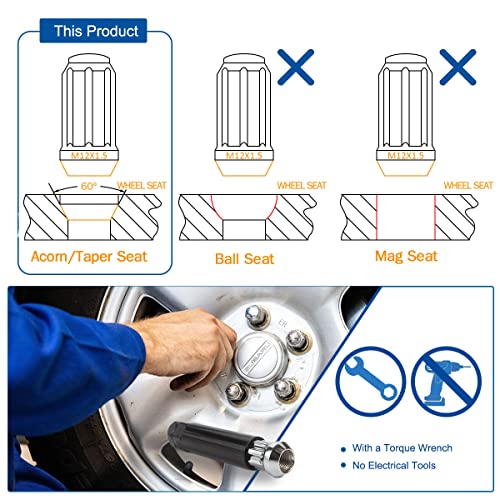 image for GAsupply 12x1.5 Lug Nuts Spline, Closed End Chrome Acorn Tuner Lug Nut