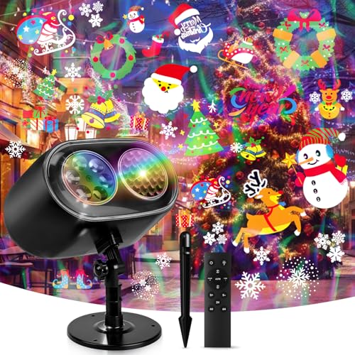 Charmofun 2 in 1 Proiettore Natale Esterno, Dinamico Proiettore Luci Natale Esterno con Telecomando, Timer, 12 Diapositive HD e 8 Effetto, Illuminazione Natalizia Decorazioni Esterna