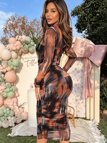 Image of MOEENCN Women's Sexy Long Sleeve Sheer Mesh Midi Bodycon Dress 2 Piece Set