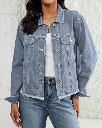 Vetinee Women's Distressed Frayed Hem Trucker Denim Jacket (Various) - image 5