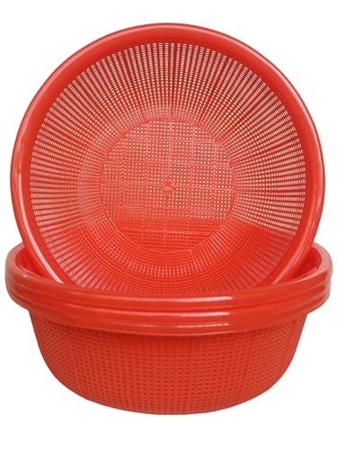 Image of 4 pcs Plastic Wash Basket Round Perforated Colander Wash Vegetables and Fruits Drain Cooked Pasta Kitchen Essentials Food Strainer Basket Strainer Kitchen red