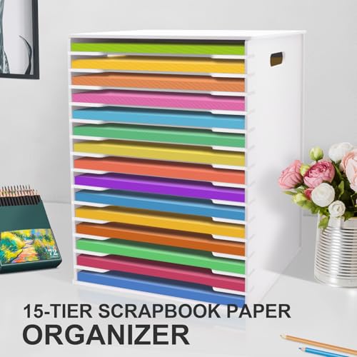 Image of SONGWAY 12x12 Paper Storage Organizer - 15 Tier Desk File Organizer with Adjustable Shelves, Letter Mail Tray, 12x12 Stackable Scrapbook Paper Storage Cube for Home Office Classroom