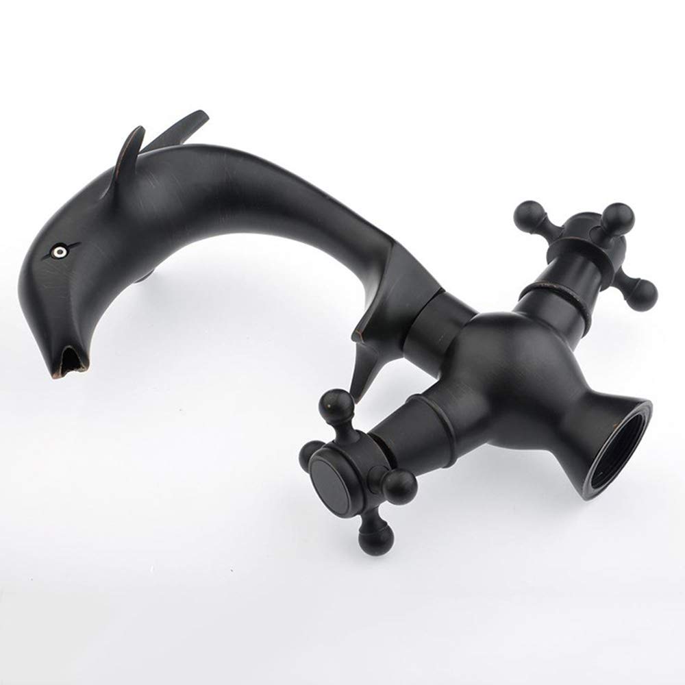 tive Black Dolphin Waschbecken aus Messing, Aufsatzwaschbecken mit einem Hahnloch und Zwei Griffen, Kalt- und Warmwasseranschluss für Badezimmer
