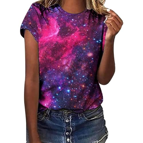 CGGMVCG Galaxy Shirt Damen 3D Galaxie Bedrucken Grafik-T-Shirts Universum Sternenhimmel Weltraum Karneval Kostüm Tshirt Kurzarm Rundhals Sommer...