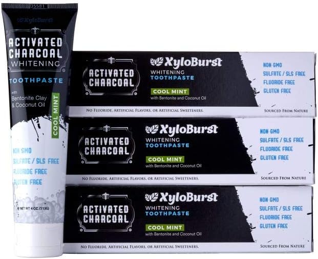 Xyloburst Black Activated Charcoal Natural Whitening Toothpaste with Xylitol - SLS Free, Sulfate Free, Fluoride Free, Vegan, Safe On Enamel, Made in USA, Peppermint (4oz) (3 Tubes)