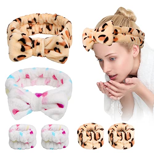 Yoseng Spa Headband And Wrist Towels For Washing Face,Set Of 6 Wrist Bands Scrunchies Bracelets Makeup Headbands For Women For Washing Face, Skincare, Makeup Removal,Shower(Leopard,Love #TOP20