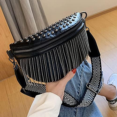 Women Rivet Metal Tassel Faux Leather Fanny Pack Waist Bag Chest Bag Crossbody Shoulder Bag - Image 4