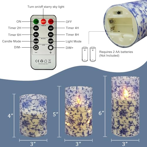 Image of Floral Flickering Flameless Candles, Recessed String Light LED Candles 3D Wick Acrylic Battery Operated LED Pillar Candles with Remote and Timer for Home Decor Set of 3(Blue & White)