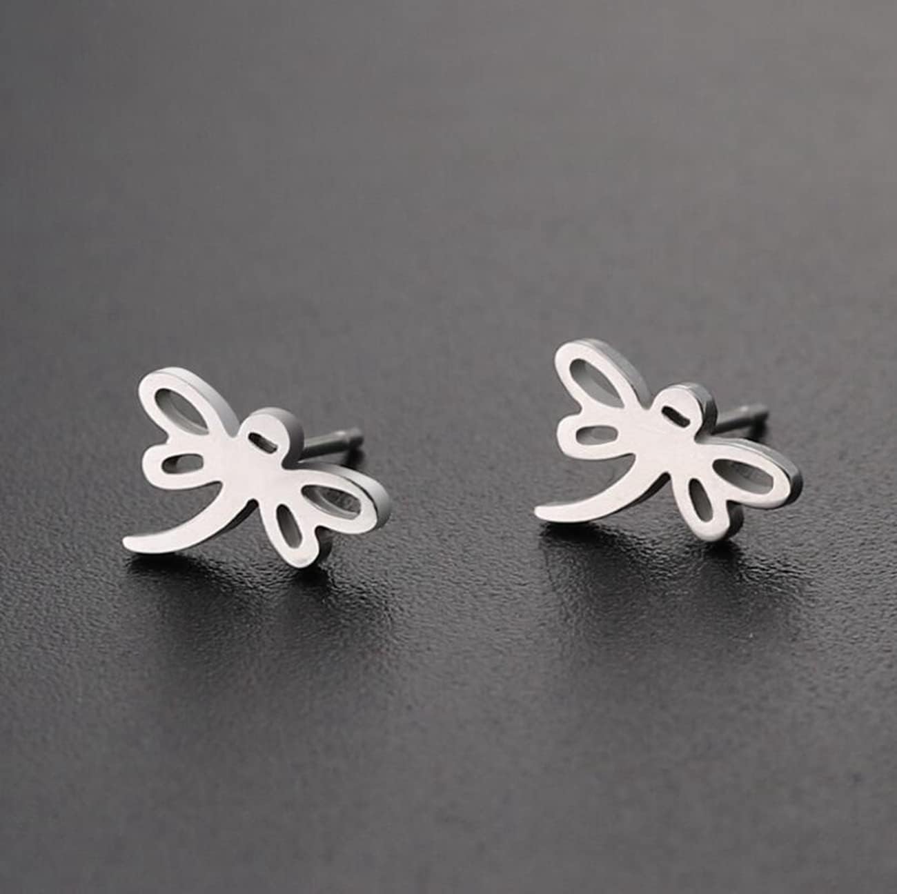 Dragonfly Stud Earrings For Women Silver Stainless Steel Pendant Drop Earrings (Silver 1#) - Image 5