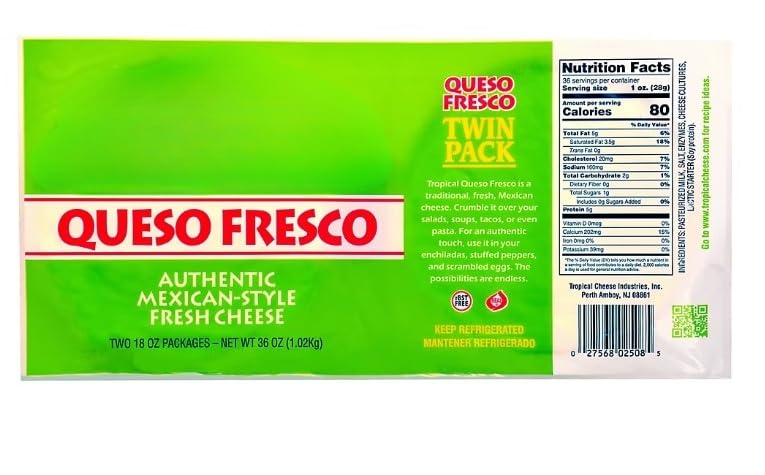Queso Fresco is a soft, moist cheese with a mild taste and fine grain texture. This versatile cheese can be crumbled as a meal topping or used as a filling in cooked Mexican-style dishes. 2 PK ..[ 36 oz , 2.25 lb ]